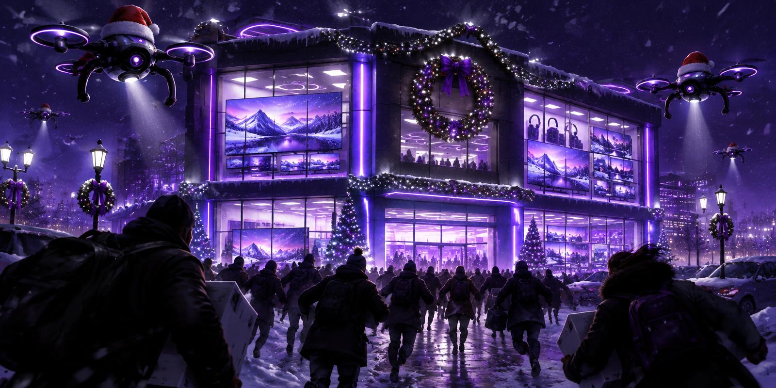 Festive electronics store guarded by Christmas drones